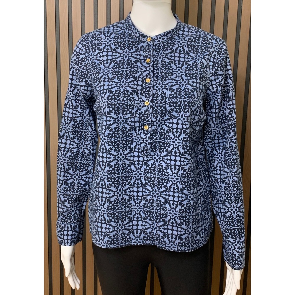 Talbots Women's Petites Blue Damask Print Mandarin Collar Blouse SP Classic